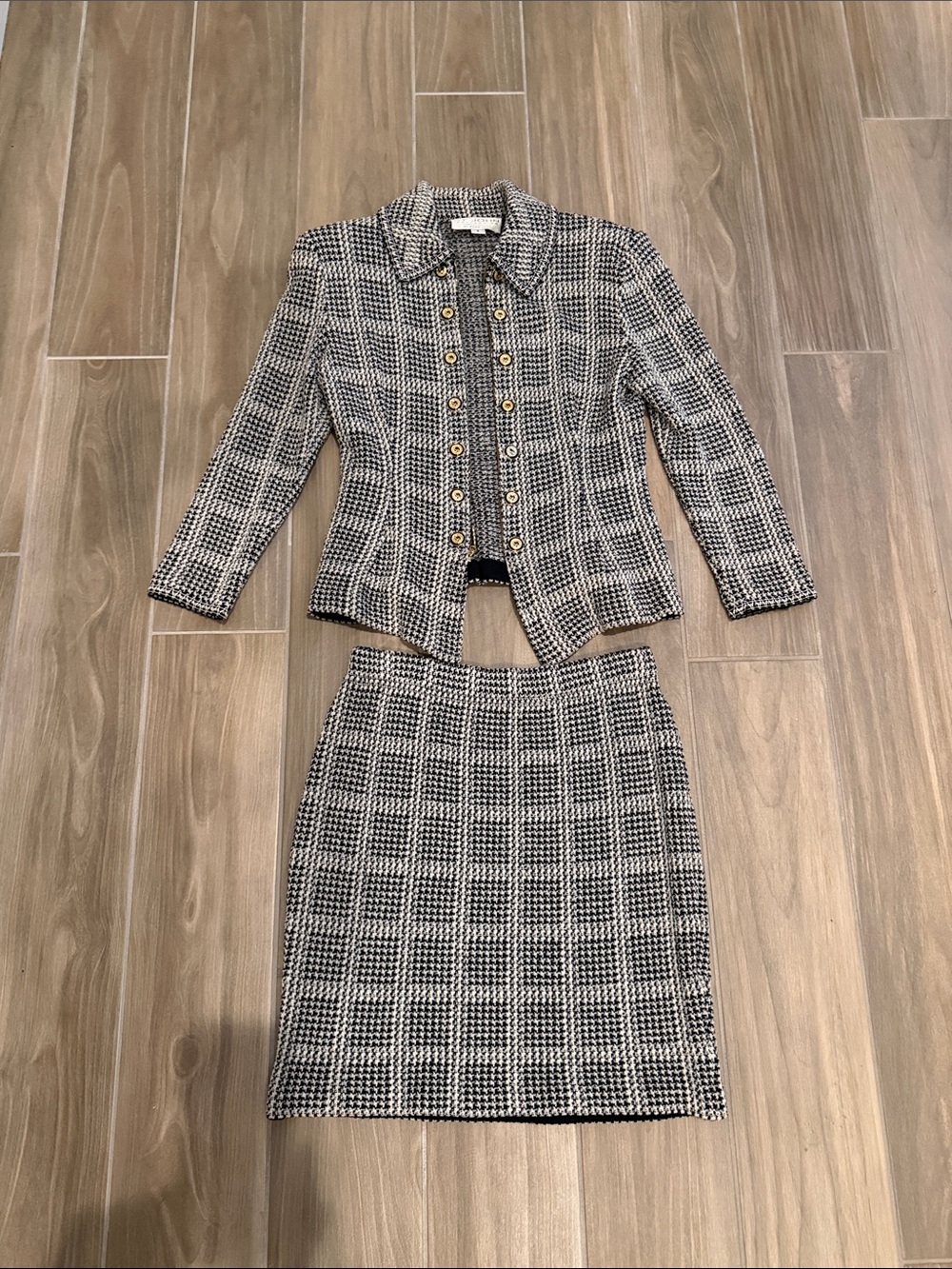 St. John Black & White Checked Tweed Skirt Set